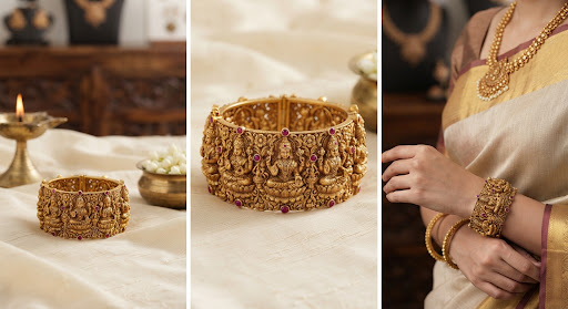 Carved temple-style gold bala and kada bangles