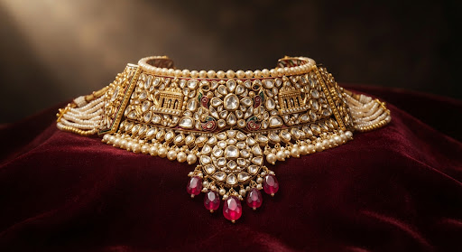 Gold bridal choker set with pearls and red drops on dark velvet