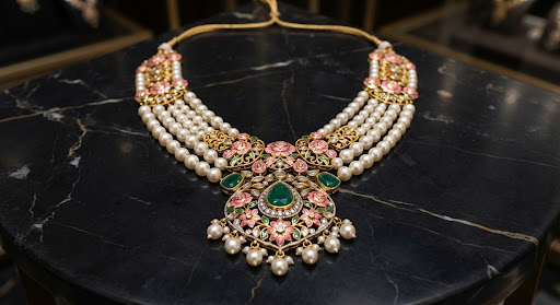 Layered pearl necklace with pink and green meenakari enamel pendant