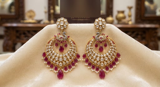 Pair of crescent polki chandbali earrings with pearl and ruby drops